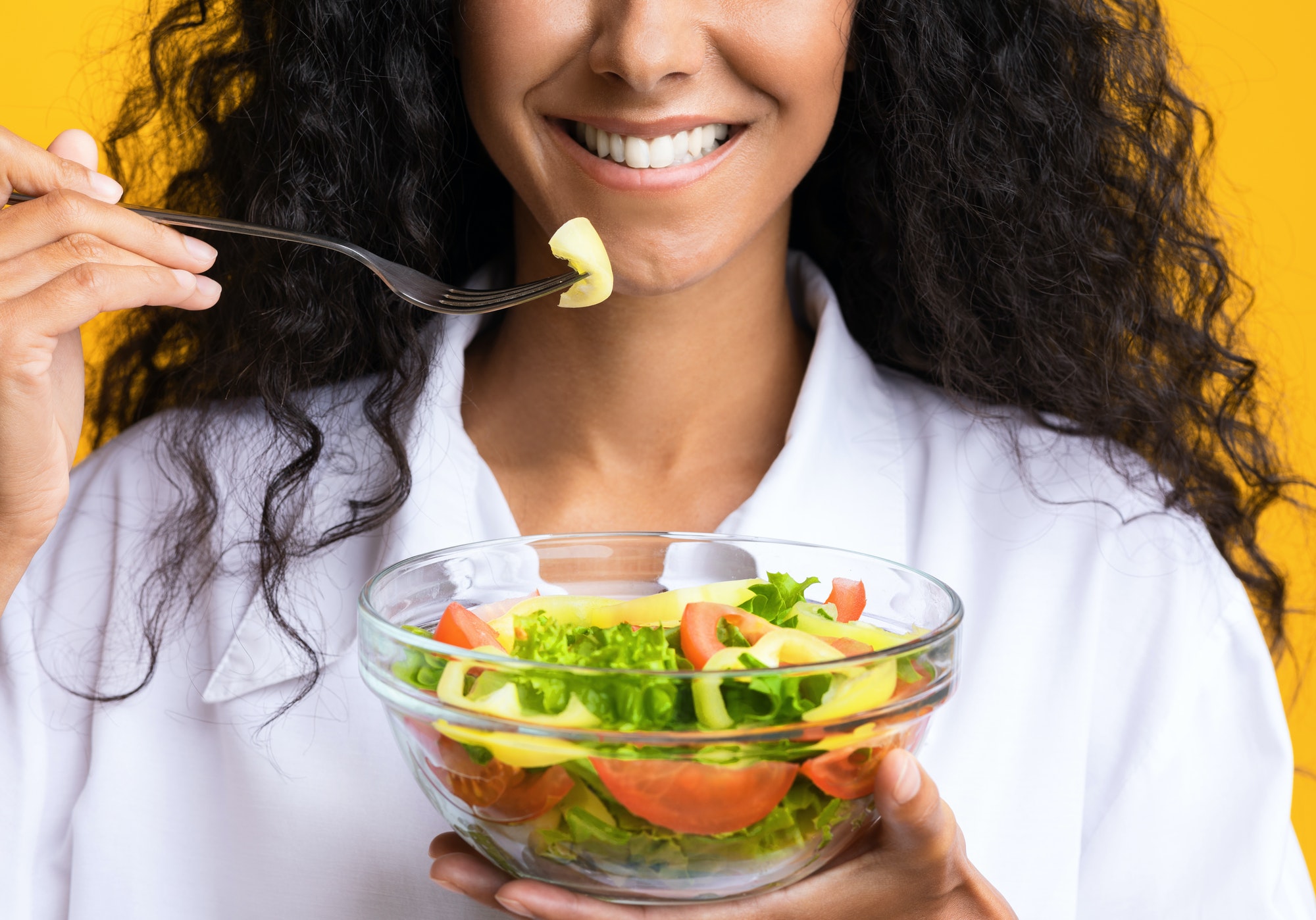 Healthy Diet. Unrecognizing Woman Holding Bowl With Vegetable Salad, Eating Dieting Food